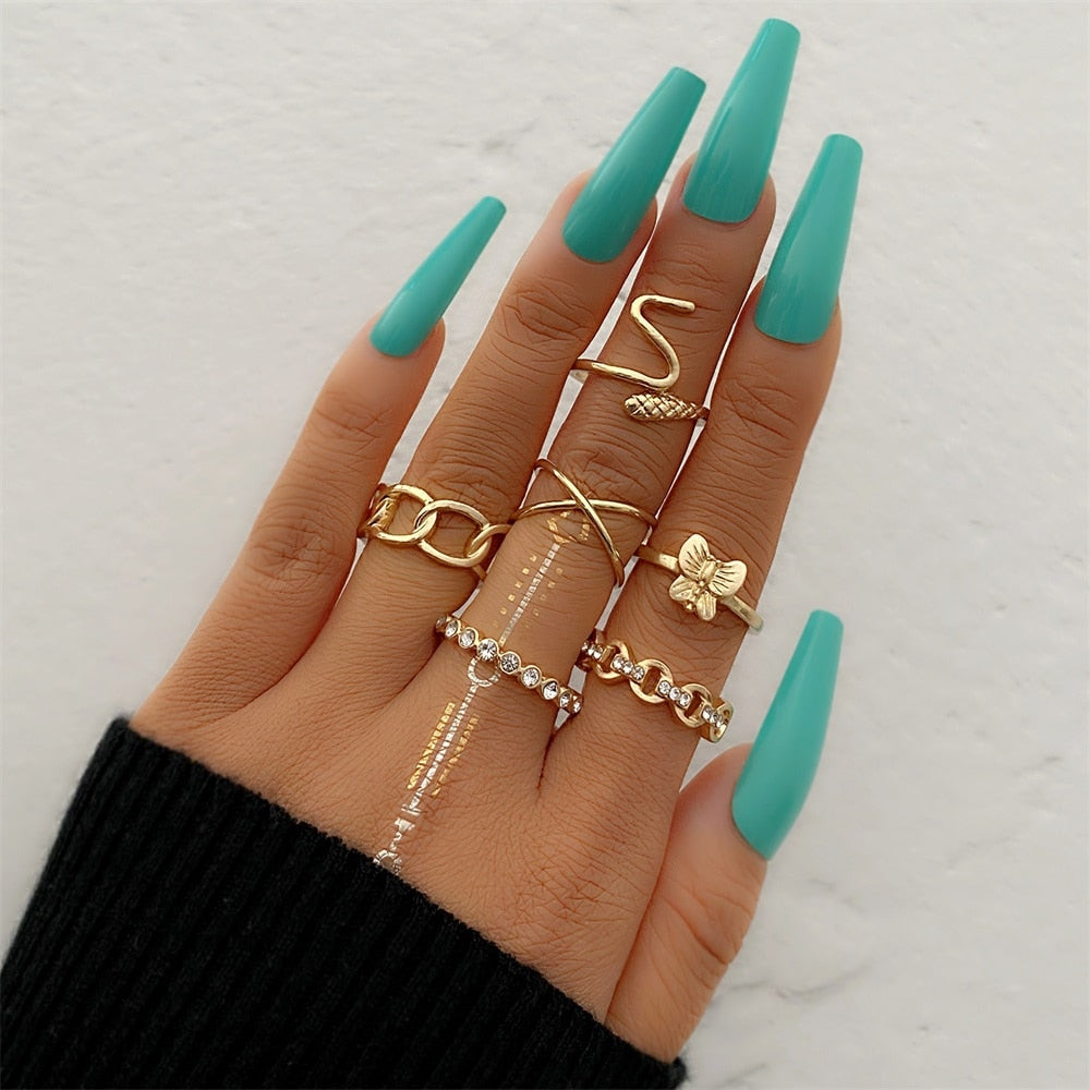 FNIO Bohemian Gold Color Chain Rings Set For Women Fashion Boho Coin Snake Moon Rings Party 2021 Trend Jewelry Gift