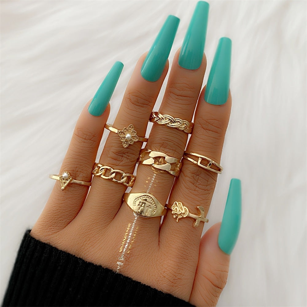 FNIO Bohemian Gold Color Chain Rings Set For Women Fashion Boho Coin Snake Moon Rings Party 2021 Trend Jewelry Gift