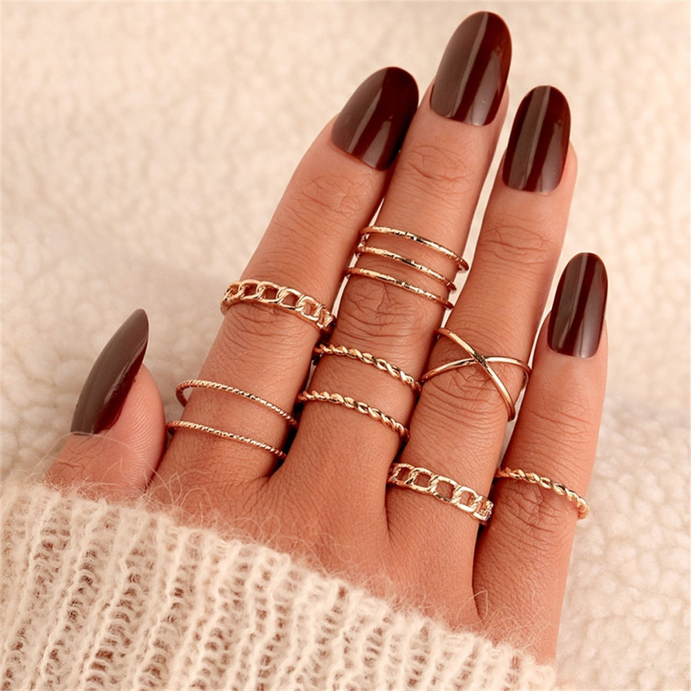 FNIO Bohemian Gold Color Chain Rings Set For Women Fashion Boho Coin Snake Moon Rings Party 2021 Trend Jewelry Gift