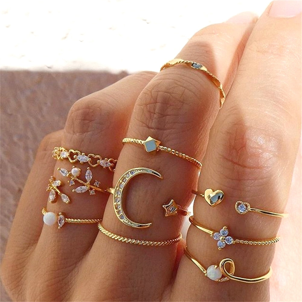 FNIO Bohemian Gold Color Chain Rings Set For Women Fashion Boho Coin Snake Moon Rings Party 2021 Trend Jewelry Gift