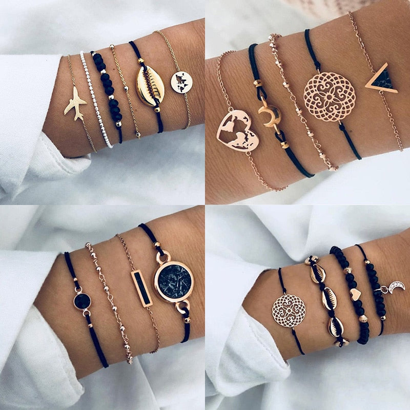 Mixed Styles Women Bracelets & Bangles Sets Female Wrist Jewelry Lightning  Initials Circel Starfish Compass Elephant Simple Gift